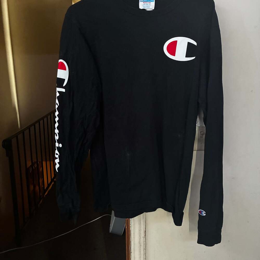 Champion Men's Black Big Logo Spell Out Long Sleeve Shirt